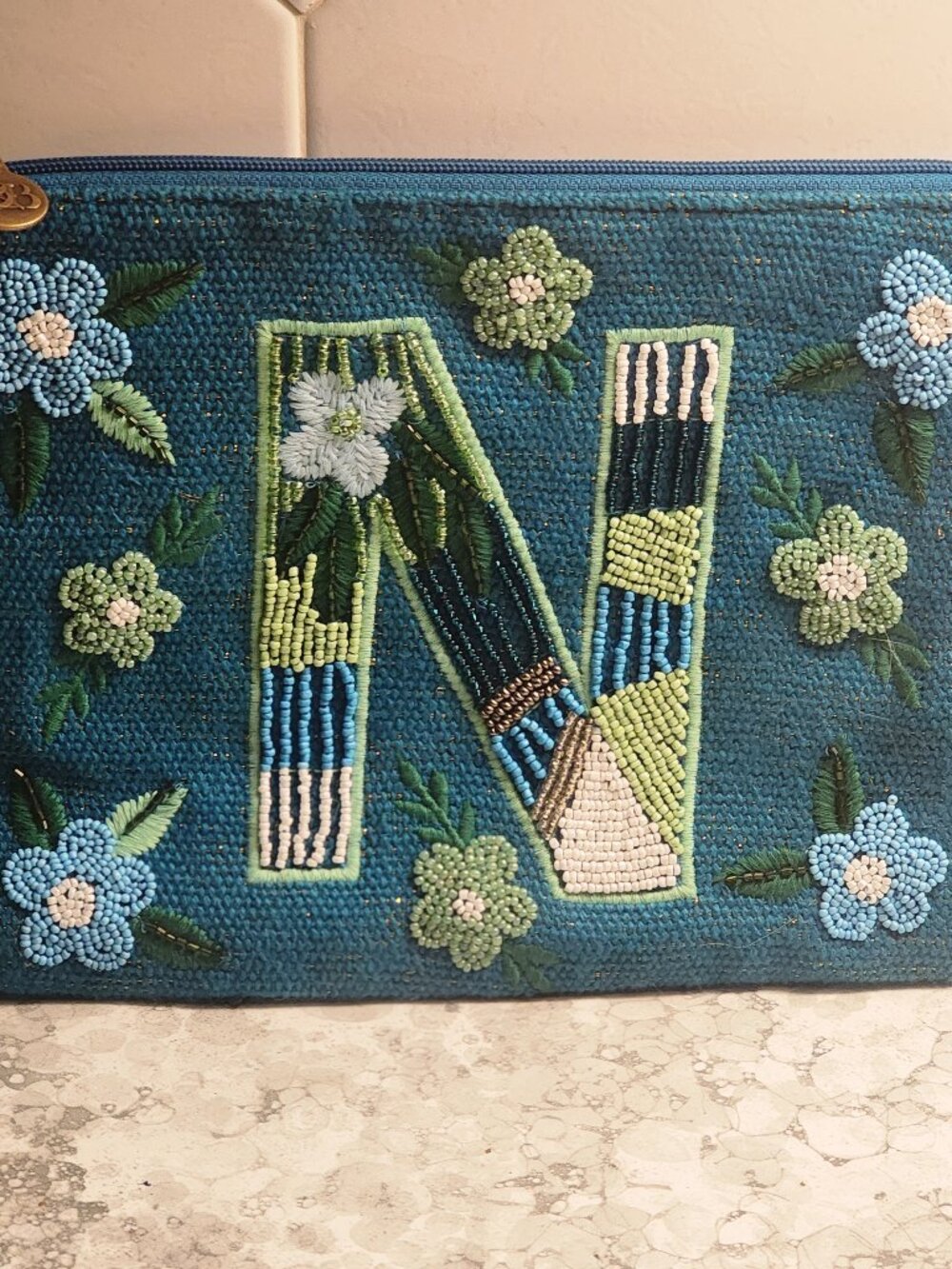 America & Beyond Embroidered With Beads Wristlet "Monogram "N"